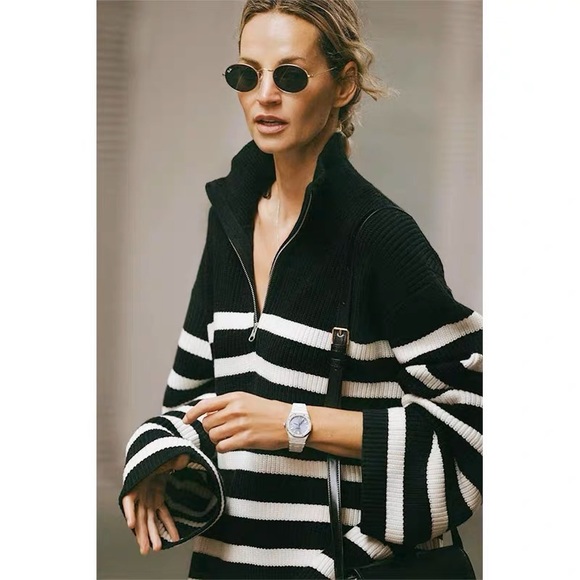 Sweaters - 🍁☃️Black & white stripes cotton wool pullover sweater front half zip oversized